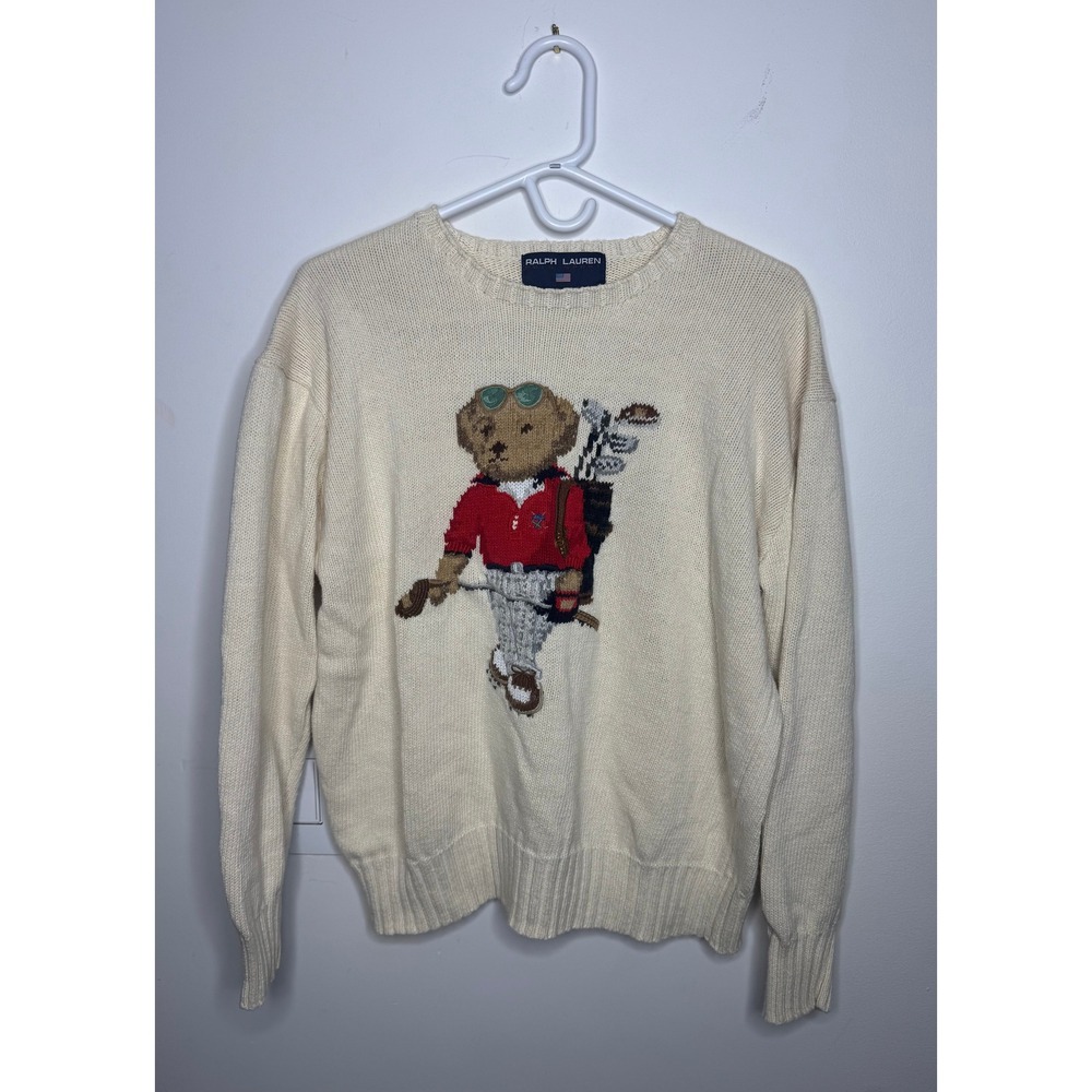 Vintage Ralph Lauren Polo Sport Golfing Bear Linen Cotton Sweater Cream Large